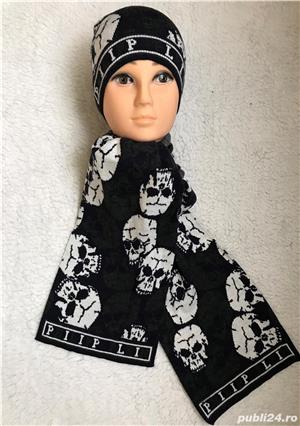 Fular + fes unisex made in Italy 90% lana cranii albe gri supradimensionate sal caciula barbati dama - imagine 10