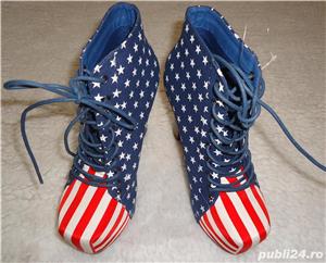 Botine dama ghete imprimeu steag SUA platforme toc lemn 12 cm drapel America model agreat Lady Gaga - imagine 8