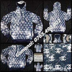 Hanorac gluga dama bleumarin stropi albi hoodie femei bluza sport casual 100% bumbac - imagine 2