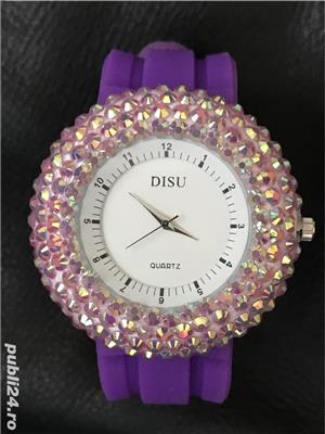Ceas dama supradimensionat roz mov cristale Swarovski curea silicon quartz sexy