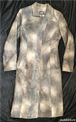 Haina lunga eleganta dama piele naturala fina tip manusa gri degrade pardesiu elegant palton superb  - imagine 2