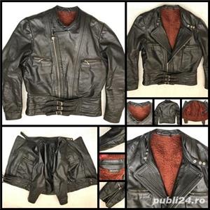 Geaca neagra barbati piele HARRO moto motor motociclist chopper rocker pilot strada 3 buzunare - imagine 2