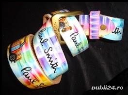 Curea barbati piele naturala colorata stil vintage firma Paul Smith masini logo catarama aurie