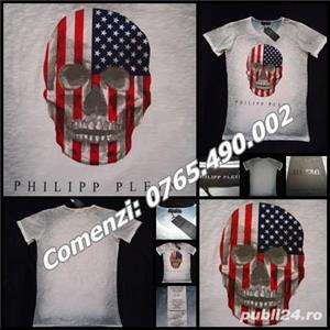 Tricou barbati alb gri prespalat maneca scurta imprimeu cap de mort supradimensionat steag AMERICA - imagine 2