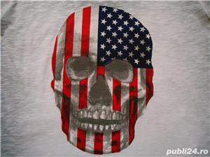 Tricou barbati alb gri prespalat maneca scurta imprimeu cap de mort supradimensionat steag AMERICA