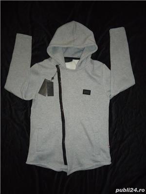 Hanorac barbati gluga gri bumbac hoodie bluza sport casual fermoar negru cheita lama de ras - imagine 5