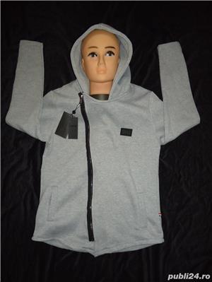 Hanorac barbati gluga gri bumbac hoodie bluza sport casual fermoar negru cheita lama de ras - imagine 7