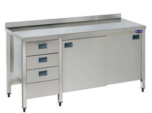 Masa inox cu rebord, polita inferioara, usi glisante si sertare, 1400X600X850