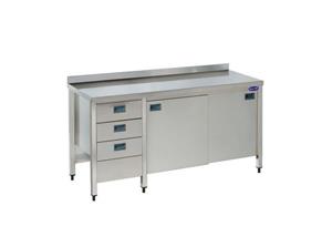 Masa inox cu rebord, polita inferioara, usi glisante si sertare, 1800X700X850