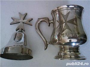 Cana, cupa vintage alpaca argintata si clopotel Cruce de Malta, simbol masonic