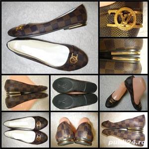 Balerini dama LV piele ecologica tip canvas imprimeu sah maro pantofi fara toc