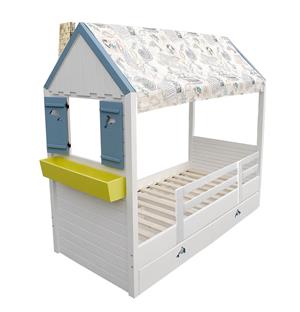 Pat copii Casuta Mea, lemn masiv molid, 2 sertare, alb/albastru, 90x200 cm