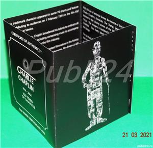 Moneda Silver 1OZ Ag pur 99.9 EDITIE comemorativa 100 ani Sir Charlie CHAPLIN cutie+vitrina+latex+cf - imagine 4