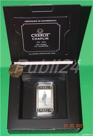 Moneda Silver 1OZ Ag pur 99.9 EDITIE comemorativa 100 ani Sir Charlie CHAPLIN cutie+vitrina+latex+cf - imagine 5
