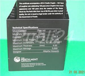 Moneda Silver 1OZ Ag pur 99.9 EDITIE comemorativa 100 ani Sir Charlie CHAPLIN cutie+vitrina+latex+cf - imagine 7