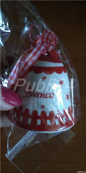 Clopotel artizanal de ornament cu mesaj : Craciun Fericit - Bianca - imagine 2