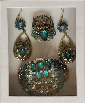 Set auriu bijuterii dama bufnite bratara cercei inel reglabil cristale - imagine 9