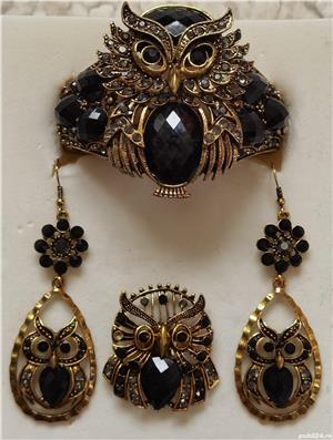 Set auriu bijuterii dama bufnite bratara cercei inel reglabil cristale - imagine 4