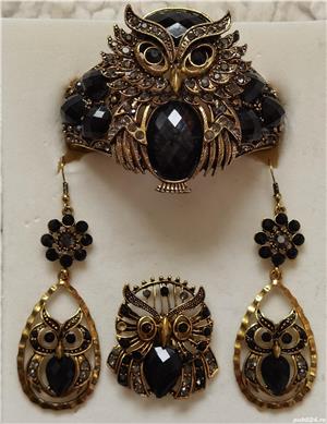 Set auriu bijuterii dama bufnite bratara cercei inel reglabil cristale