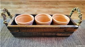Suporti de lemn cu  3 ghivece din ceramica design vintage
