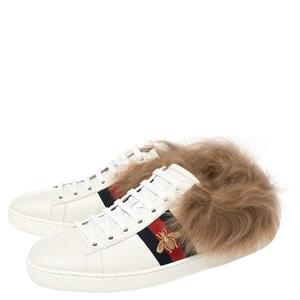 Sneakers Gucci White Leather & Fur Ace embroidered bee!