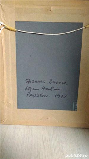 Tablou pictat corabie cu panze pe Mare semnat Hawkins Agnes 1977 - imagine 4