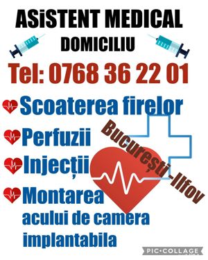 Perfuzie, injectii, fire, montarea acului de camera implantabila la domiciliu 