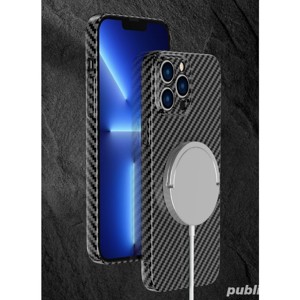 Husa Carbon fiber MagSafe antisoc + Folie sticla ecran APPLE iPhone 16 Pro Max 15 Plus 14 Pro
