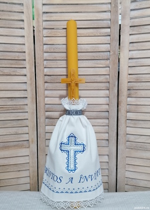Lumanare din ceara Inviere - 80*4.5 cm cu stergar brodat albastru