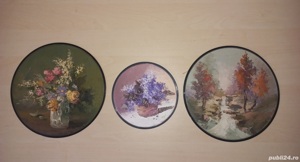 Tablouri ulei pe disc vinil, liliac, vaza cu flori si padure