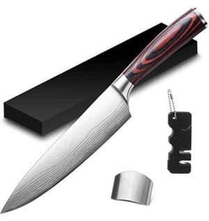 Set Cutite bucatar, otel damasc, Cutit japonez forjat manual, Full Tang, antiaderent, de dezosat