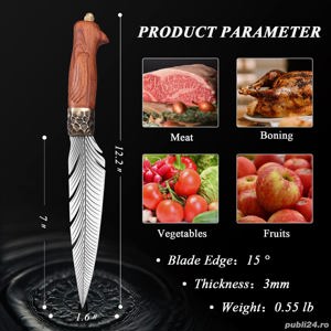 Cutit bucatarie design cu lama in forma de pana, Cutit japonez forjat manual, Full Tang, antiaderent - imagine 9