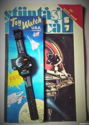 ceas vintage de jucărie cu efecte/sunete spațiale, anii '90 + REVISTA