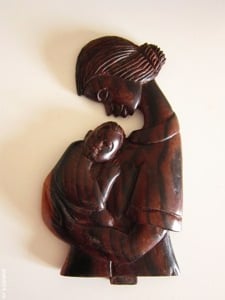 Mama Îmbrățișând Copilul sculptura profil vintage lemn de teak anii'60