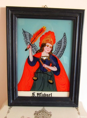 cadou rar Sfantul Mihail +Flori , pictura pe sticla,semnate, rame lemn, Germania - imagine 2