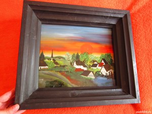 cadou rar tablou pictura pe sticlă Sat cu moară si biserica la apus,semnat  - imagine 7