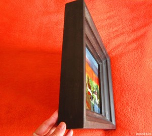 cadou rar tablou pictura pe sticlă Sat cu moară si biserica la apus,semnat  - imagine 4