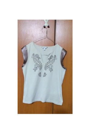 Bluza/ tricou fara maneci M&CO  bej cu imprimeu si strasuri, M - imagine 6