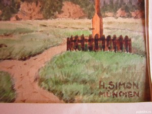 cadou unic tablou Troita pictura acuarela semnat H.Simon Munchen - imagine 5