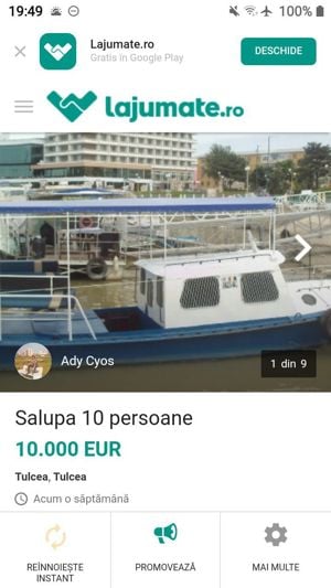      Barcă, salupă turism si pescuit, vând sau schimb