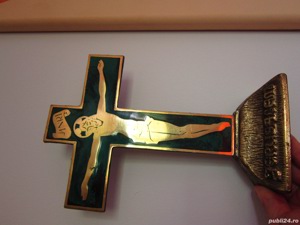 Ierusalim Cruce Crucifix rar bronz alama aurita si email verde smarald vintage  - imagine 2