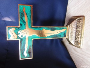 Ierusalim Cruce Crucifix rar bronz alama aurita si email verde smarald vintage  - imagine 3
