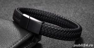 Bratara Jiayiqi Black Braided Leather Bracelet Stainless Steel Fashion