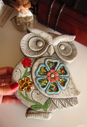 cadou rar Bufnita cu flori Placa ceramica colectie handmade Germany'80 - imagine 5