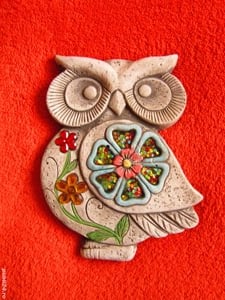 cadou rar Bufnita cu flori Placa ceramica colectie handmade Germany'80