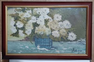 Pictura in ulei pe panza, vaza cu flori albe