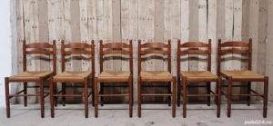 Scaune vechi de sufragerie, din lemn, cu sezut din ratan, stil Mid Century