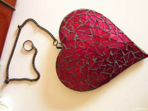 cadou rar Inima stil Tiffany mozaic sticla metal handmade Germany 1960 - imagine 4