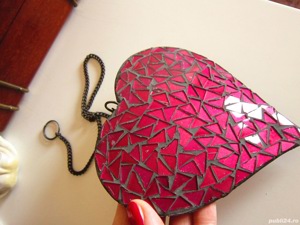 cadou rar Inima stil Tiffany mozaic sticla metal handmade Germany 1960 - imagine 5