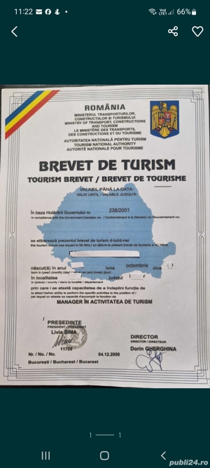 Inchiriez BREVET de turism - Manager in activitatea de turism